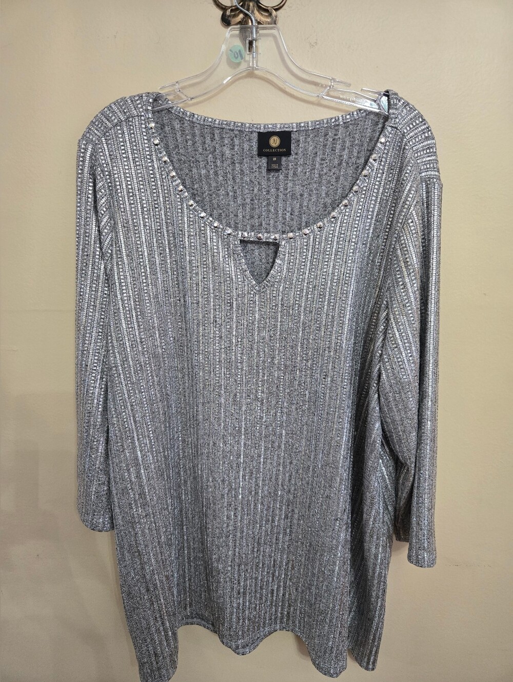 JM Collection Metallic Silver Ribbed Long Sleeve Scoop Top